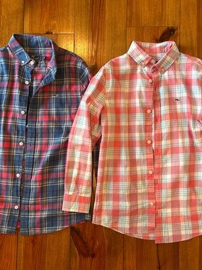 Lot of two Vineyard Vines Blue/Pink and Pinkish Red Plaid Button-Down Shirts